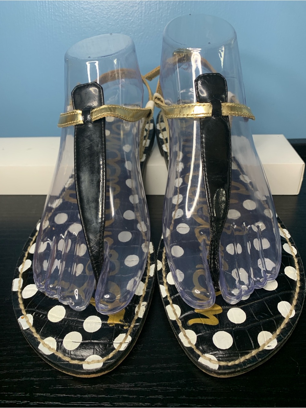 Sam Edelman Black & Gold Polka Dot T-Strap Sandals
